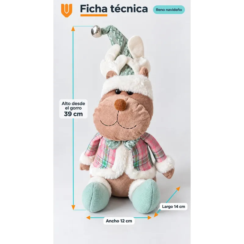 Muñeco Navideño 39cm Decorativo Adornar Figuras Navidad Blanco Muñeco Adorno Navideño Muñeco Papá Noel Viejito Pascuero Santa Claus Gorro Barba Blanca Figura Verdes Cascabel 39cm-reno