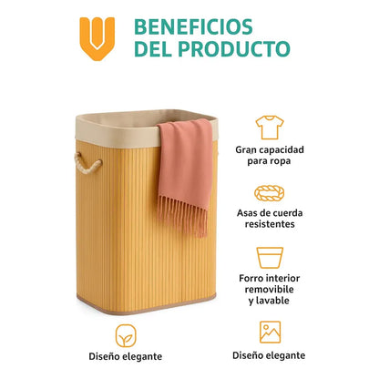 Canasto Ropa Bambu Tapa Cesto Organizador Baño Hogar30x40x50 Bambú Linea