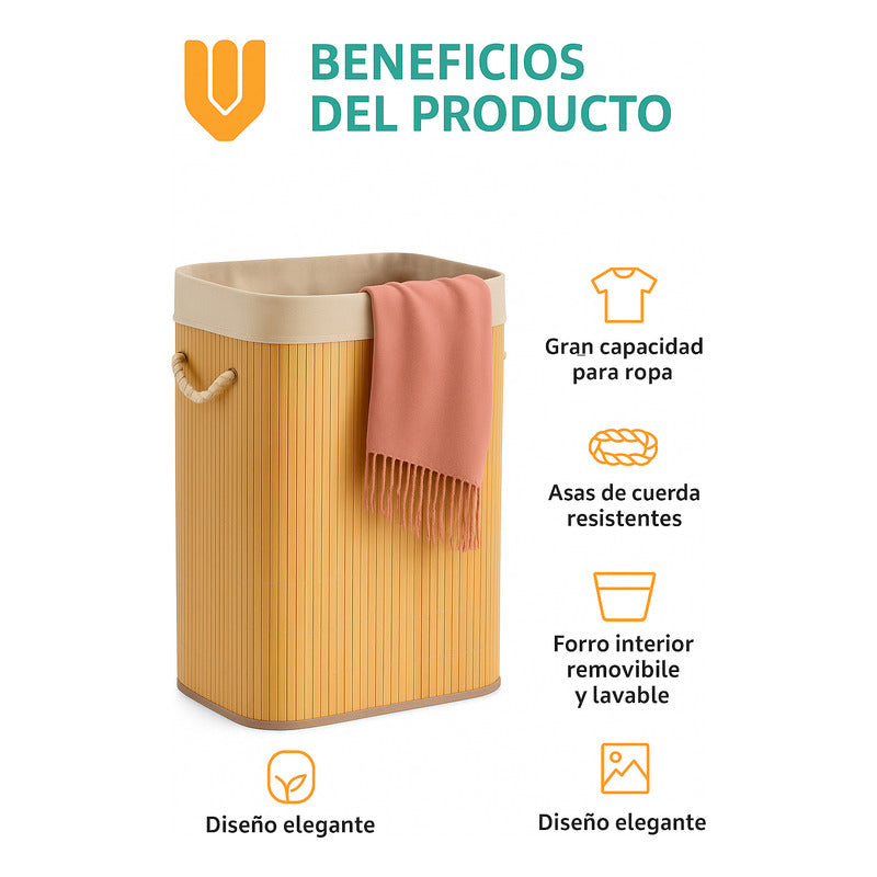 Canasto Ropa Bambu Tapa Cesto Organizador Baño Hogar30x40x50