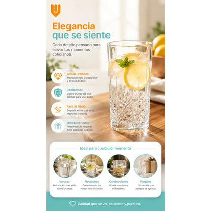 Set 6 Vasos Vidrio Altos 300 Ml Diseño Diamante Transparente Transparente Cristal Vidrio Claro Elegante Brillante Vaso Alto Set 6 Cócteles Jugos Bebidas Cocina Hogar Bar Uso