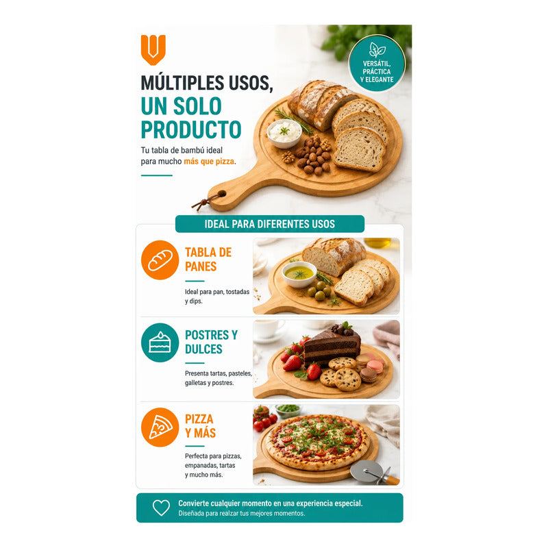 Tabla Bambu Pizza Picoteo Redonda Uso Hogar Cocina Resistent Bambú Natural Gourmet Artesanal Cocina Elegante Minimalista Rustico Premium Presentacion Pizza Picoteo Marron Natural Bambú Madera...