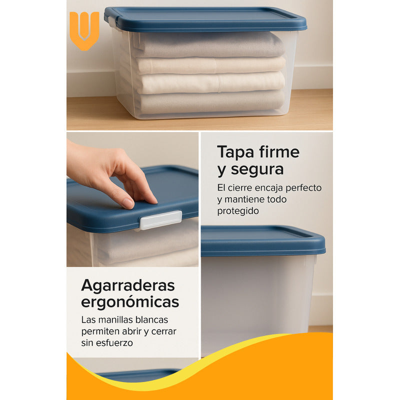Caja Organizadora Almacenamiento Transparente Aplilable 28 L Transparente Tapa Azul Organizadora