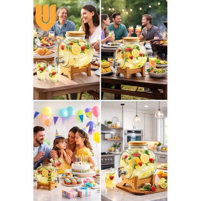 Dispensador Bebidas Vidrio 5l Base Bambu Canilla Plastica 32 5cm Altura 58cm Diametro 2kg Frasco Transparente Hogar Eventos Juntas Fiestas Agua Jugo Mesa Buffet Reuniones Cocina Premium