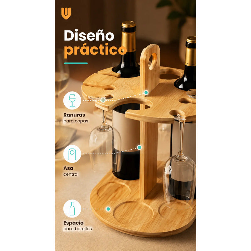 Rack Soporte Porta Vino Copas Organizador Madera Bambu Mader Bambú Mediano