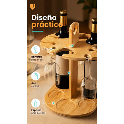 Rack Soporte Porta Vino Copas Organizador Madera Bambu Mader Bambú Mediano