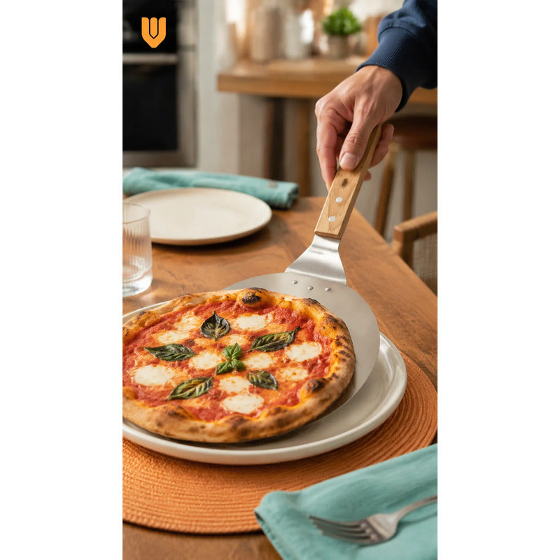 Pala Pizza Espátula Redonda Acero Mango Madera 25,5cm Pala Pizza Espátula Redonda Acero Inoxidable Mango Madera Utensilio Gastronómico Horno Cocina Pizzería Panadería Hornear 25.5cm