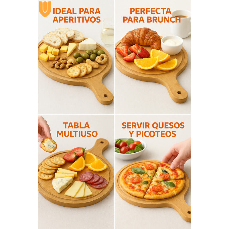 Tabla Bambú Redonda Servir Pizza Picoteo Reuniones 32x45cm Tabla Redonda Bambú