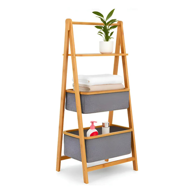 Estante Bambu Premium Cestos Tela Multiuso Baño Moderno Orga Marrón Claro