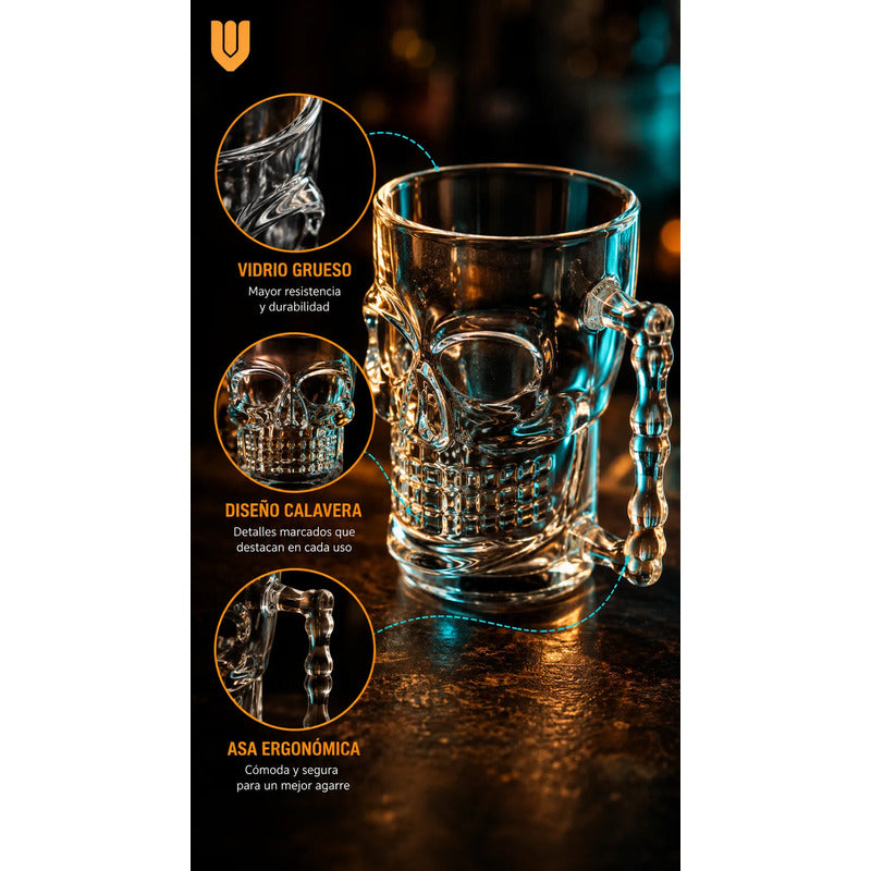 12 Vasos Cerveceros Calavera Vidrio Shopero Premium Bar Transparente