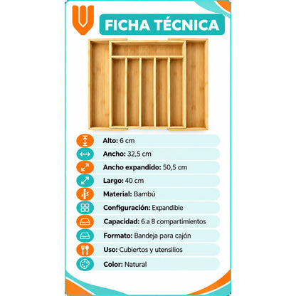 Organizador Cubiertos Cajón Bambú Expandible 8 Compartimento Organizador Cubiertos Bambú Expandible Cajón Cocina Cubertero Bandeja Ajustable Portacubiertos Utensilios Orden Hogar