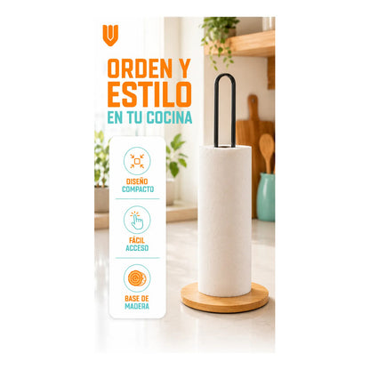 Soporte Toalla Nova Porta Rollo Toallas Papel Vertical Porta Toalla Nova Portarrollos Cocina Papel Absorbente Madera Metal Negro Vertical Sobremesa Base Circular