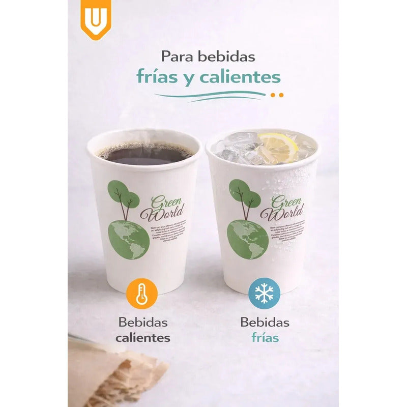 100 Vasos Cafeteria Bebidas Calientes Invierno Te Cafe 235ml Blanco Verde Natural Eco Biodegradable Compostable Sostenible Resistente Calor Antifugas Uso Cafeteria Bebidas Calientes Frias