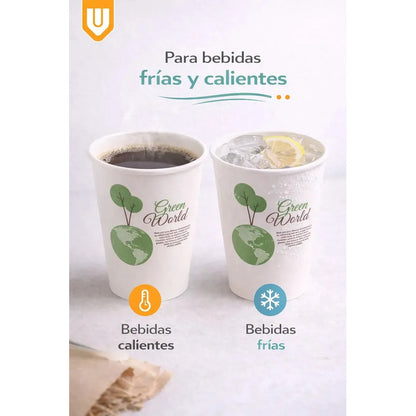 100 Vasos Cafeteria Bebidas Calientes Invierno Te Cafe 235ml Blanco Verde Natural Eco Biodegradable Compostable Sostenible Resistente Calor Antifugas Uso Cafeteria Bebidas Calientes Frias