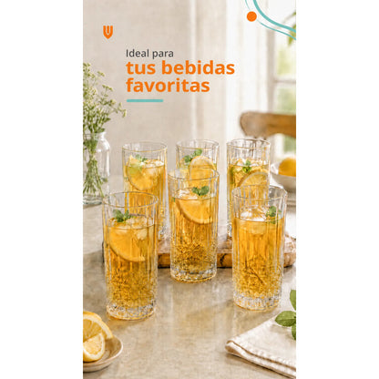 Set 6 Vasos Vidrio Altos 300 Ml Diseño Diamante Transparente Transparente Cristal Vidrio Claro Elegante Brillante Vaso Alto Set 6 Cócteles Jugos Bebidas Cocina Hogar Bar Uso