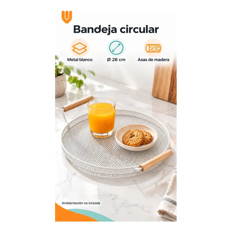 Bandeja Circular Metal Blanco Asas Madera Desayuno 28cm Blanco Bandeja Circular Redonda Malla Metal Asas Madera Base Calada Borde Bajo Servicio Desayuno Once Café Té Cocina 28cm