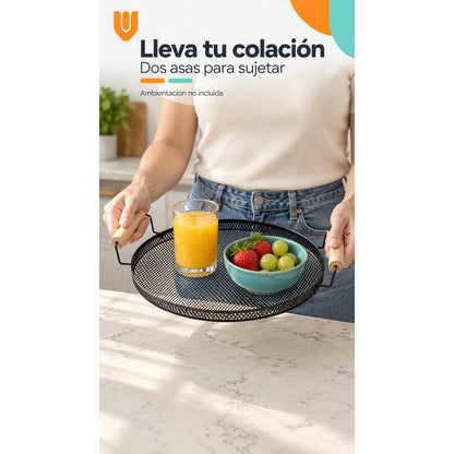 Bandeja Circular Metal Negro Asas Madera Desayuno 28cm Negro Bandeja Circular Redonda Malla Metal Asas Madera Base Calada Borde Bajo Servicio Desayuno Once Café Té Cocina 28cm