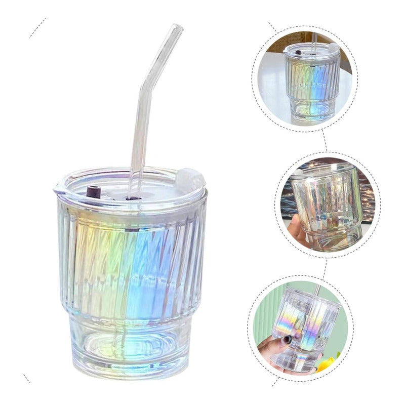 X2 Vaso De Vidrio Con Bombilla Hermetico Vaso Tornasol Taza Tornasol