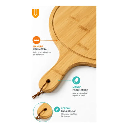 Tabla Bambu Pizza Picoteo Redonda Uso Hogar Cocina Resistent Bambú Natural Gourmet Artesanal Cocina Elegante Minimalista Rustico Premium Presentacion Pizza Picoteo Marron Natural Bambú Madera...