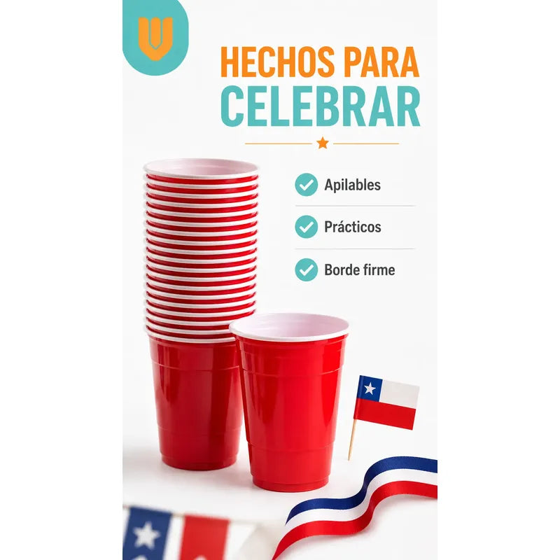 50 Vasos Plasticos Desechables Terremotos Bebidas Fiesta Rojo Bicolor Blanco Vaso Americano Fiestas Patrias Terremoto Fonda Celebración Chilena