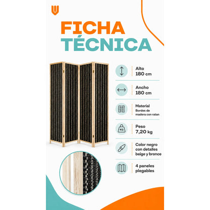 Biombo Separador Ambiente Madera Ratan 4 Paneles 180cm Biombo Ratán Negro Beige 4 Paneles Biombo Ratan Plegable 4 Paneles 180... 180cm