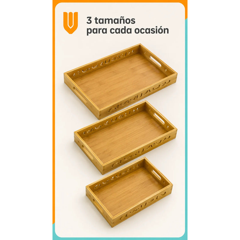 Set 3 Bandejas Desayuno Rectangular Bambú Servir Decorativas Set 3 Bandejas Bambú Rectangulares Asas Laterales Bordes Diseño Calado Apilables Servicio Hogar Cocina Set 3 Bandejas Desayuno