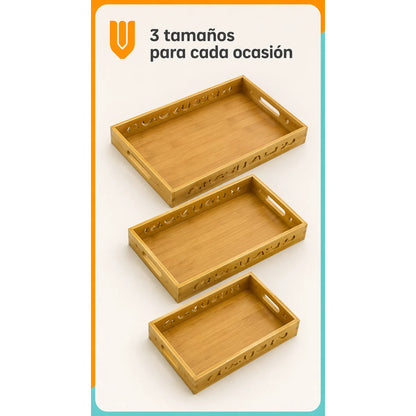 Set 3 Bandejas Desayuno Rectangular Bambú Servir Decorativas Set 3 Bandejas Bambú Rectangulares Asas Laterales Bordes Diseño Calado Apilables Servicio Hogar Cocina Set 3 Bandejas Desayuno