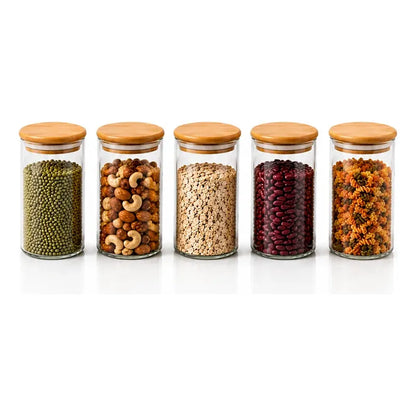 Frasco Vidrio Cocina Hermetico Cilindrico Tapa Bambu 400 Ml 5 Unidades