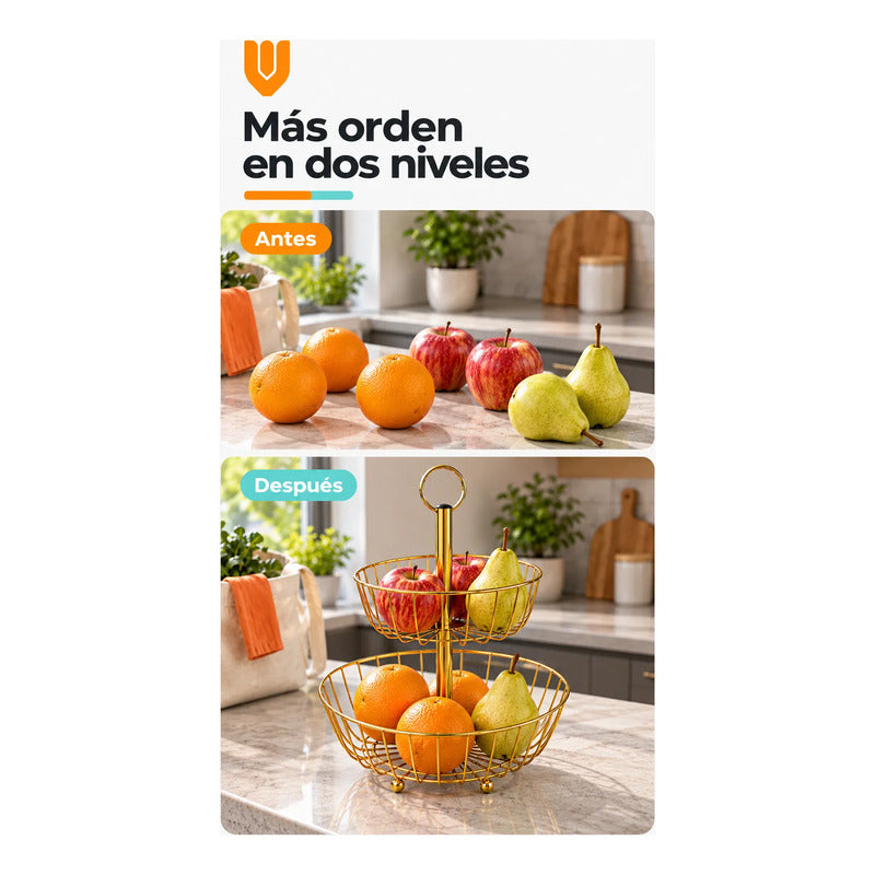 Frutero Mesa Hierro Dorado 2 Niveles 43cm Canasto Cestas Dorado Frutero Doble Dorado Dos Niveles Cestas Circulares Abiertas Soporte Central Argolla Superior Alto 43cm Diseño 43x28