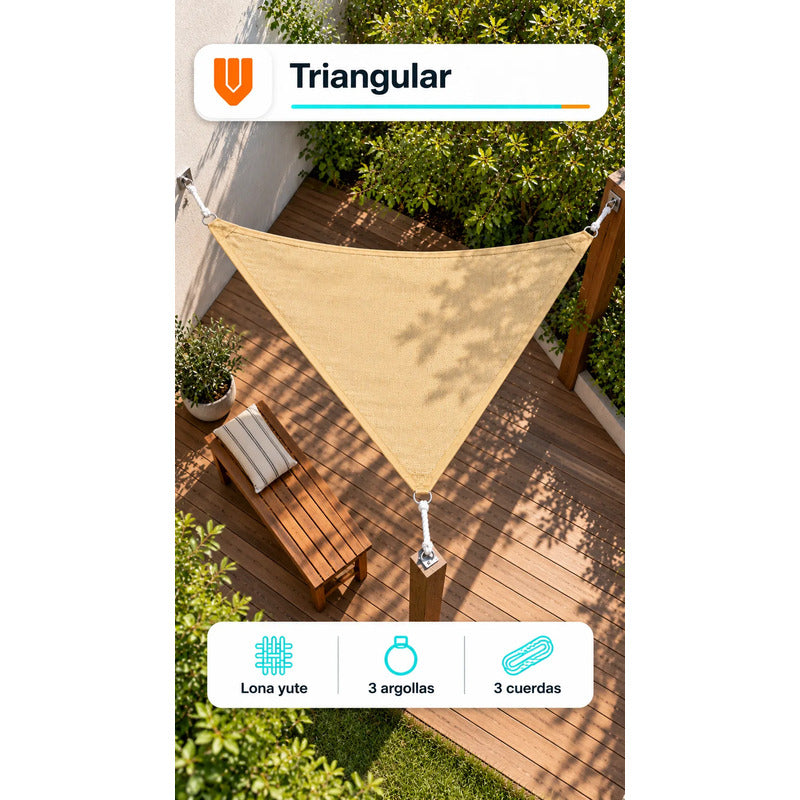 Toldo Vela Triangular Lona Tipo Yute 110x300 Cm 3 Cuerdas Beige Arena Claro Dorado Suave Tonalidad Cálida Bordes Costuras Al Tono Cintas Cuerdas Blancas Argollas Plateadas 110x300 Cm