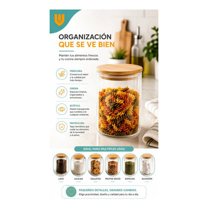 Frasco Hermético Contenedor Vidrio Tapa Bambu Gourmet 200 Ml Transparente Natural Bambú Cristal Claro Minimalista Cocina Gourmet Organizacion Moderna Elegante Premium Hogar