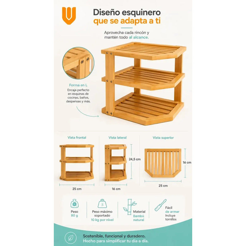 Almacenador 3 Niveñes Cocina Baño Espacios Reducidos Hogar M Marron Claro Bambu Natural Nordico Minimalista Elegante Moderno Cocina Baño Hogar Compacto Premium