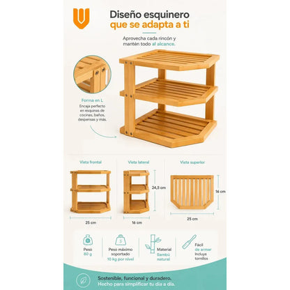 Almacenador 3 Niveñes Cocina Baño Espacios Reducidos Hogar M Marron Claro Bambu Natural Nordico Minimalista Elegante Moderno Cocina Baño Hogar Compacto Premium
