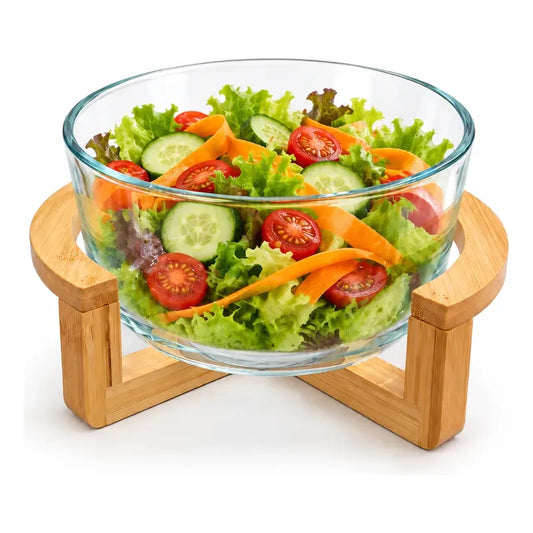 Bowl Vidrio Ensaladera Redonda Base Madera Bambu 18cm Transparente Base Bambu Bowl Redondo Vidrio Transparente Base Bambú Natural Soporte Cruzado Ensaladera Mesa Cocina 18cm
