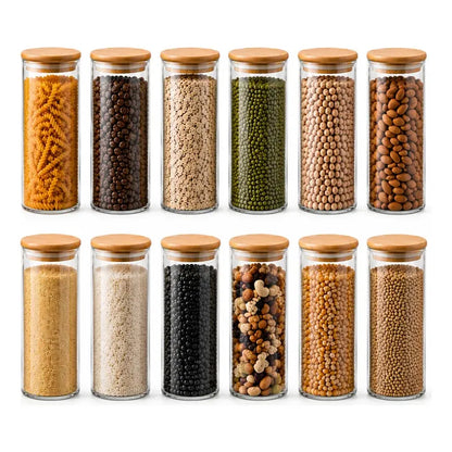 Frasco Vidrio Hermetico Bambu Conservero Hogar Cocina 500 Ml 12 Unidades Transparente Natural Bambú Cristal Claro Minimalista Cocina Gourmet Organizacion Moderna Elegante Premium