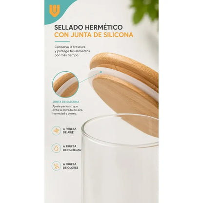 Frasco Hermético Contenedor Vidrio Tapa Bambu Gourmet 200 Ml 2 Unidades