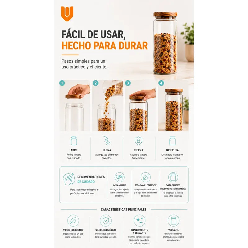 Frasco Vidrio Transparente Hermético Tapa Bambú Cocina Transparente Natural Bambú Cristal Claro Minimalista Cocina Gourmet... Transparente Natural Bambú Cristal Claro Minimalista Cocina Gourmet...