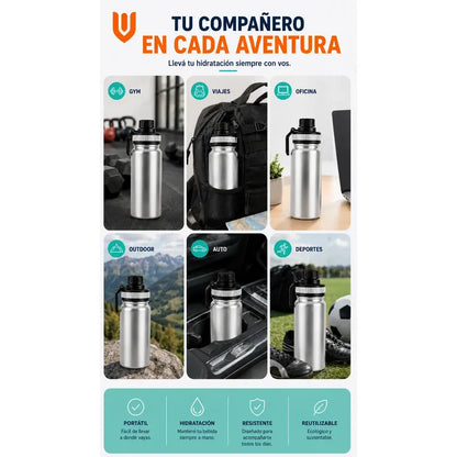 Termo Botella Acero Inoxidable Agua Termica Bebidas Camping Gris
