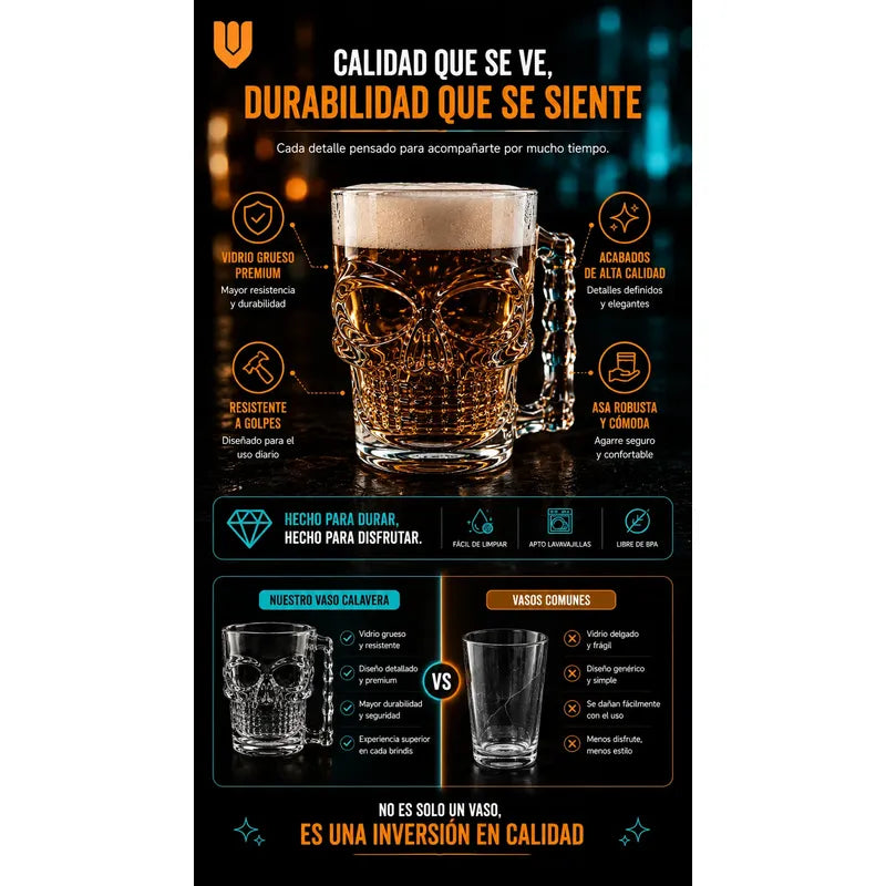 12 Vasos Cerveceros Calavera Vidrio Shopero Premium Bar Transparente