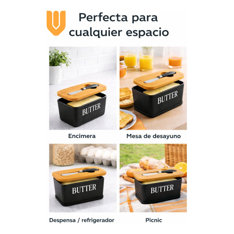 Mantequillero Ceramica Tapa Bambu Cuchillo Mantequilla Bambu