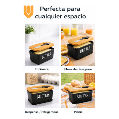Mantequillero Ceramica Tapa Bambu Cuchillo Mantequilla Bambu
