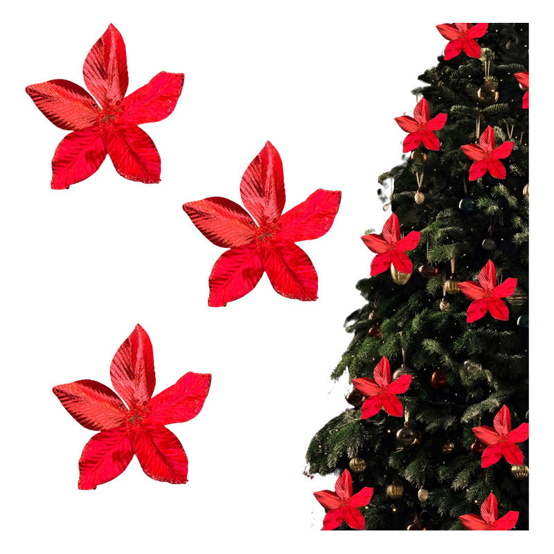 X12 Flores Navideñas Adornos De Navidad Decoración Rojo Rojo Floreado