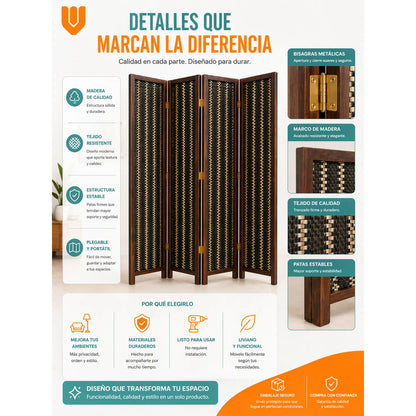 Biombo Separador Ambientes 4 Paneles 180cm Tela Plegable Bio Biombo Tela Trenzada Panel Plegables Decoración Interior Elegante Divisor Ambientes Estilo Contemporáneo Funcional Hogar Beige