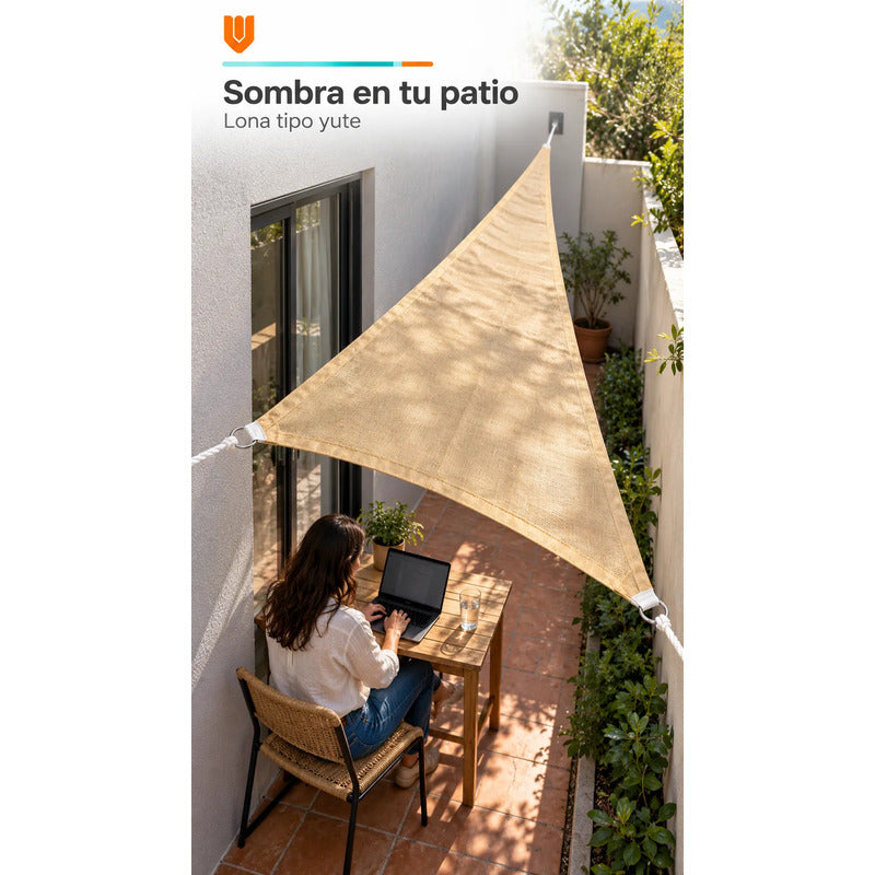 Toldo Vela Triangular Lona Tipo Yute 110x300 Cm 3 Cuerdas Beige Arena Claro Dorado Suave Tonalidad Cálida Bordes Costuras Al Tono Cintas Cuerdas Blancas Argollas Plateadas 110x300 Cm