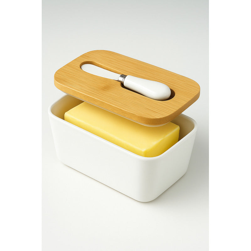 Mantequillero Ceramica Tapa Bambu Cuchillo Mantequilla Bambu