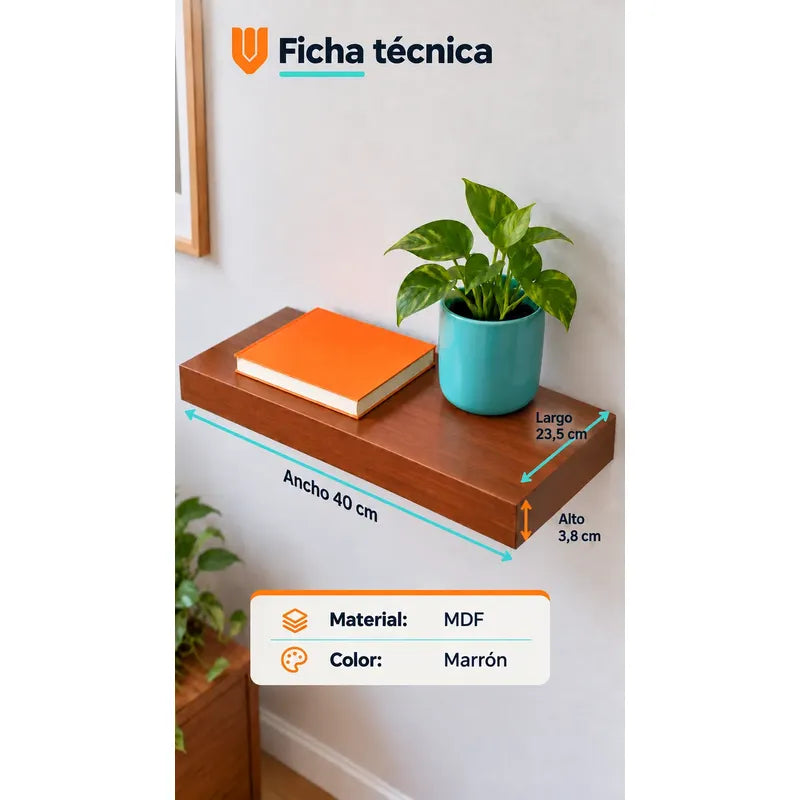 2 Repisas Flotantes Marrón Mdf 40x23cm Decoración Sala Pared Marrón