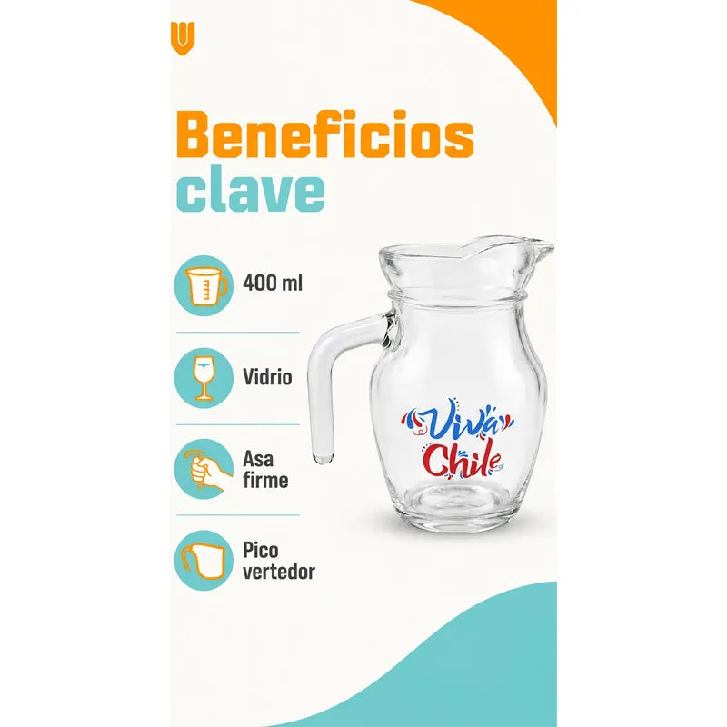 Jarra Vidrio Jugo Agua 400ml Viva Chile Asa Transparente Jarra Vidrio 400ml Viva Chile Asa Pico Vertedor Transparente Bebidas Frías Agua Jugo Té Cocina Mesa Hogar Vitrineon Cl 400ml