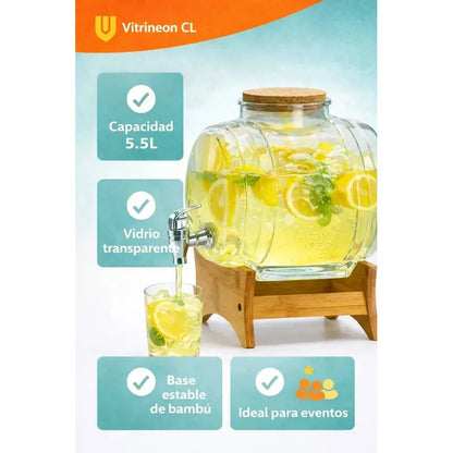 Dispensador Bebidas Vidrio 5,5l Base Bambu Grifo Cocina Hoga Cristal Claro Base Bambú Tonalidad Madera Clara Estetica Escandinava Decoracion Comedor Fiesta Catering Hogar
