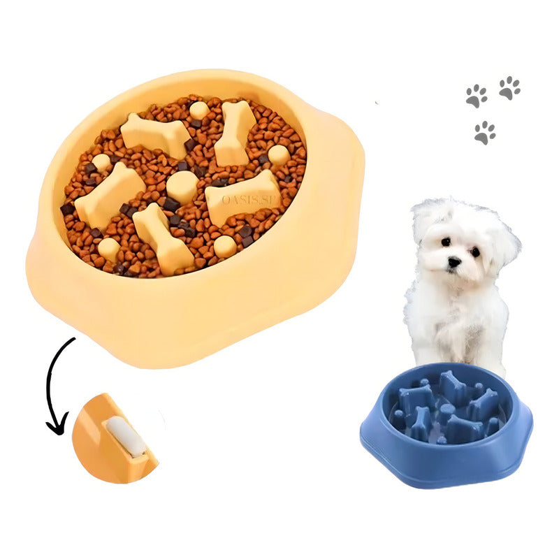 Per-ros Plato De Comida Antiansiedad Mascotas Huesitos Perros Gatos Color Amarillo