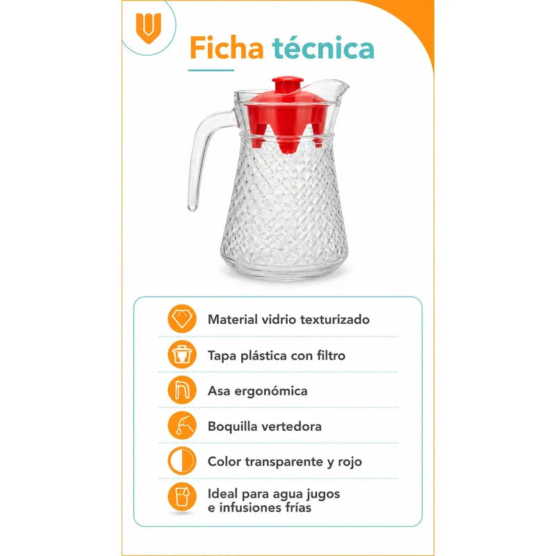 Jarra Vidrio Jugo Agua Decorativa Bebidas Cocteles Frio 1l Transparente Tapa Roja Jarra Vidrio 1 Litro Agua Jugos Bebidas Té... 1 Litro Jarra Refrigerador