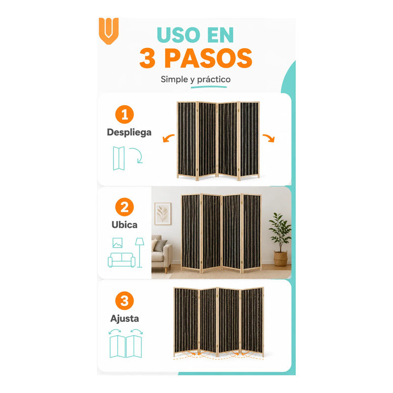 Biombo Separador Ambiente Madera Ratan 4 Paneles 180cm Biombo Ratán Negro Beige 4 Paneles Biombo Ratan Plegable 4 Paneles 180... 180cm